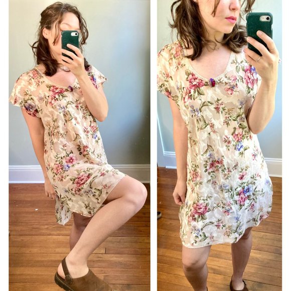 Vintage 90s Floral Slip Split Hem Mini Dress - Picture 1 of 12